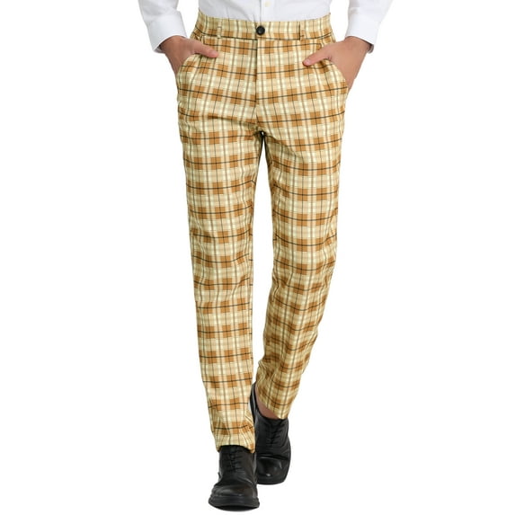 Lars Amadeus Men's Plaid Regular Fit Flat Front Classic Elastic Waist Suit Pants