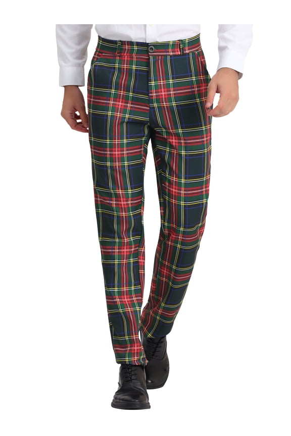 Men's Plaid Regular Fit Flat Front Classic Elastic Waist Suit Pants 38 Red Navy