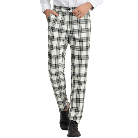 Lars Amadeus Men's Plaid Regular Fit Flat Front Classic Elastic Waist Suit Pants