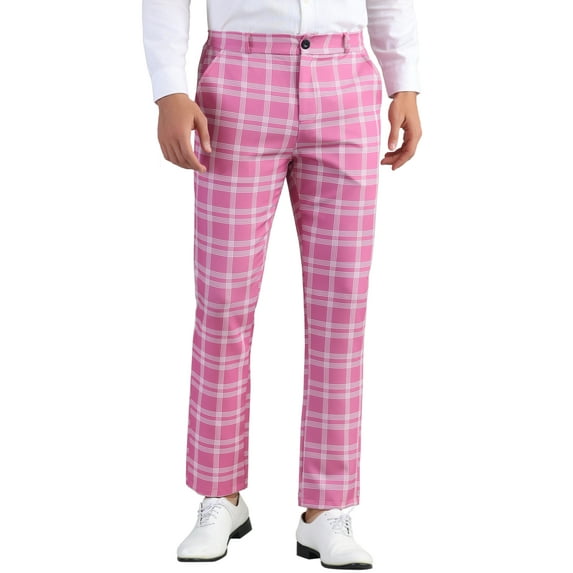 INSPIRE CHIC Men's Plaid Regular Fit Flat Front Classic Elastic Waist Suit Pants 36 Dark Pink