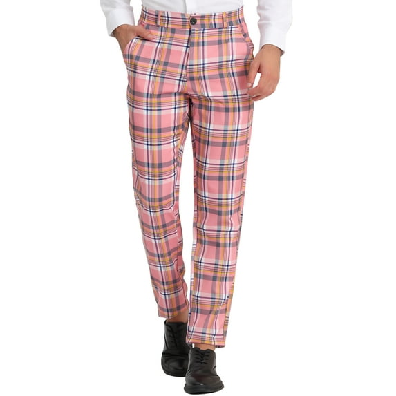 INSPIRE CHIC Men's Pants Plaid Flat Front Elastic Waist Button Pants 28 Pink
