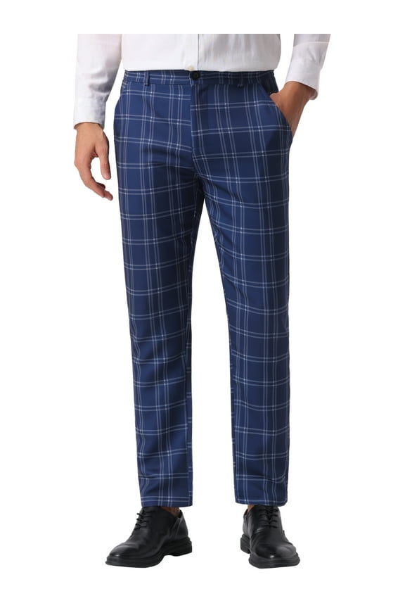 Men's Pants Plaid Flat Front Elastic Waist Button Pants 30 Navy Blue