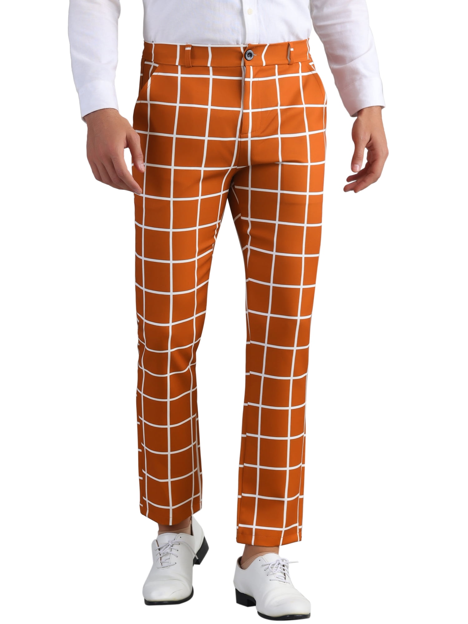 INSPIRE CHIC Men's Pants Plaid Flat Front Elastic Waist Button Pants 34 ...