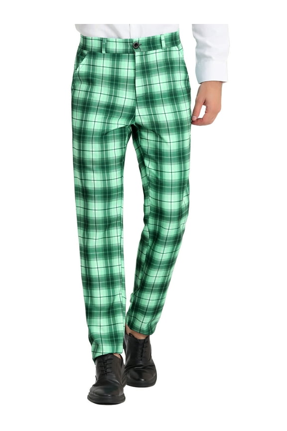 Men's Pants Plaid Flat Front Elastic Waist Button Pants 36 Light Green