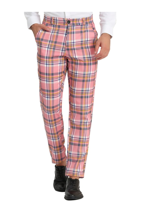 Edition Men's Pants Plaid Flat Front Elastic Waist Button Pants 36 Pink