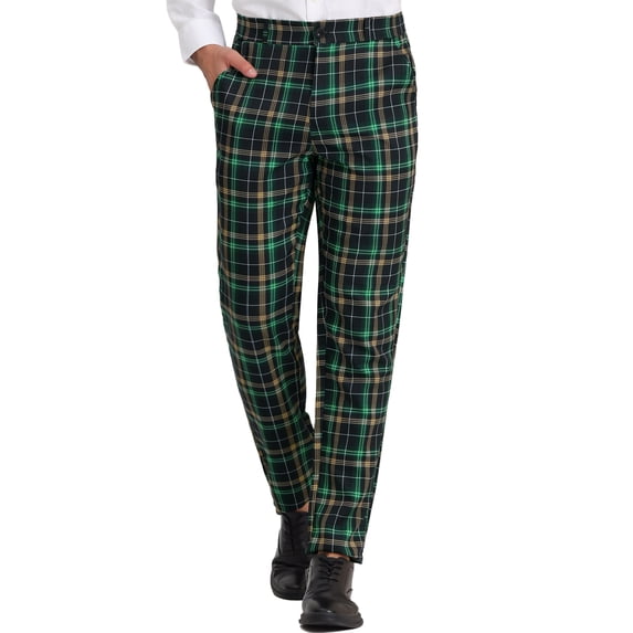 INSPIRE CHIC Men's Pants Plaid Flat Front Elastic Waist Button Pants 36 Navy Green