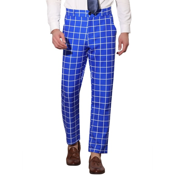 INSPIRE CHIC Men's Pants Plaid Flat Front Elastic Waist Button Pants 30 Blue