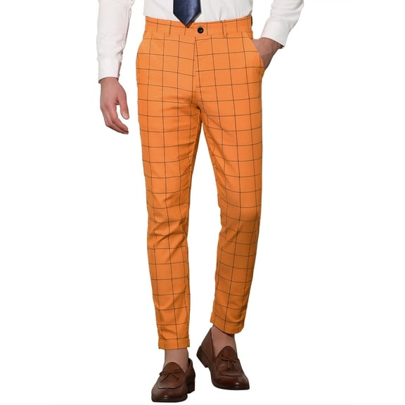 INSPIRE CHIC Men's Plaid Slim Fit Flat Front Dress Pants with Pockets 38 Orange