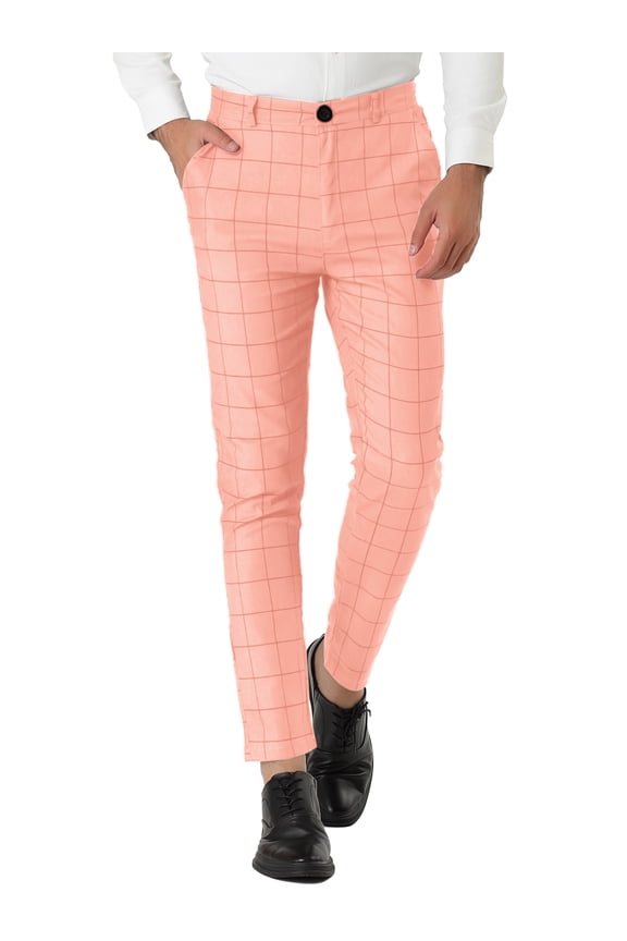 Men's Plaid Slim Fit Flat Front Dress Pants with Pockets 38 Pink