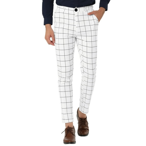 INSPIRE CHIC Men's Plaid Slim Fit Flat Front Dress Pants with Pockets 38 White Black