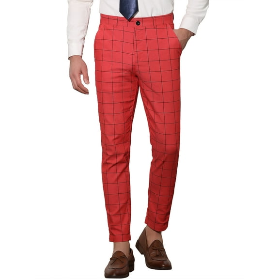 INSPIRE CHIC Men's Plaid Slim Fit Flat Front Dress Pants with Pockets 30 Red Black