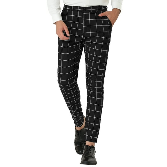 INSPIRE CHIC Men's Plaid Slim Fit Flat Front Dress Pants with Pockets 38 Black and White