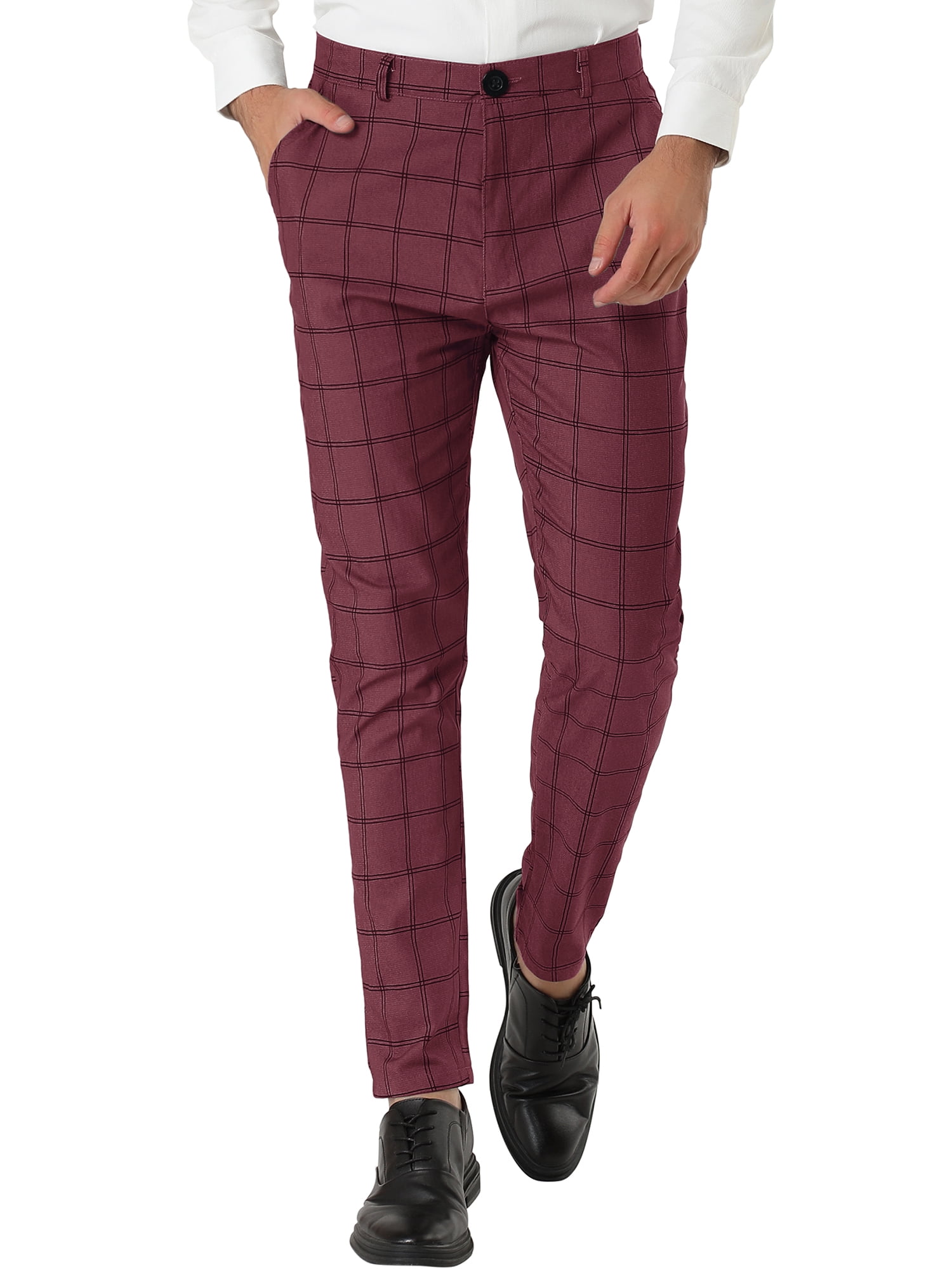 INSPIRE CHIC Men's Plaid Slim Fit Flat Front Dress Pants with Pockets 38  Burgundy - Walmart.com