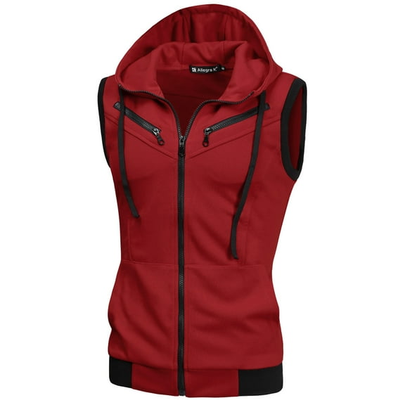 INSPIRE CHIC Men's Tailored Vest Hoodie Zip Up Sleeveless Drawstring Hooded Vest 50 Red