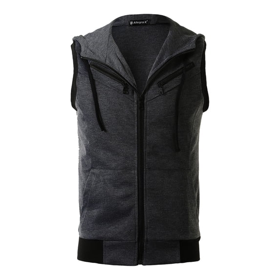 INSPIRE CHIC Men's Tailored Vest Hoodie Zip Up Sleeveless Drawstring Hooded Vest 38 Dark Gray