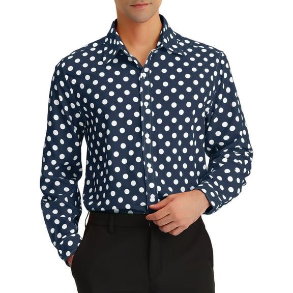 INSPIRE CHIC Men's Polka Dots Print Dress Shirt Button Down Long Sleeves Casual Shirts L Dark Blue