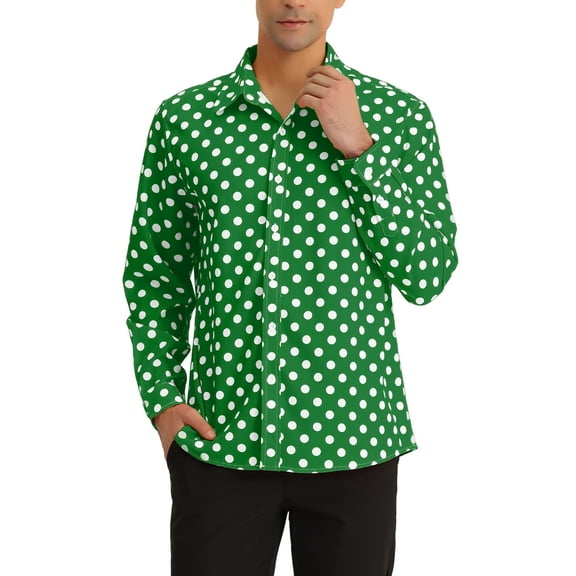 INSPIRE CHIC Men's Polka Dots Print Dress Shirt Button Down Long Sleeves Casual Shirts S Green