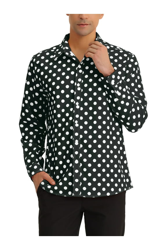 Men's Polka Dots Print Dress Shirt Button Down Long Sleeves Casual Shirts L Black