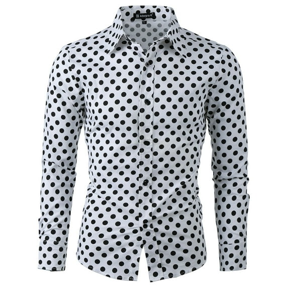 INSPIRE CHIC Men's Shirt Polka Dots Pattern Point Collar Long Sleeve Button Down Shirt 50 White