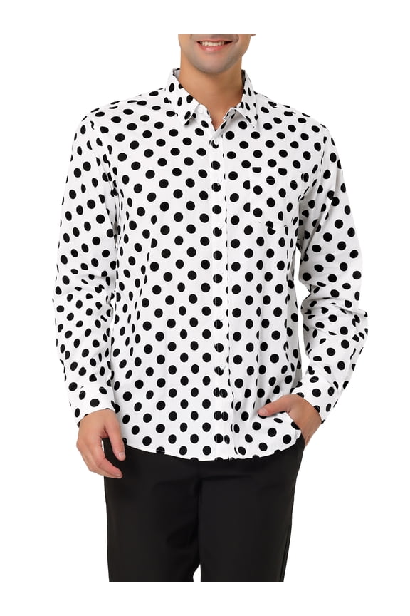 Men's Shirt Polka Dots Pattern Point Collar Long Sleeve Button Down Shirt 38 White and Black