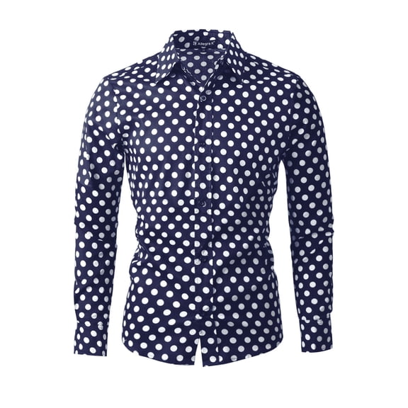 INSPIRE CHIC Men's Shirt Polka Dots Pattern Point Collar Long Sleeve Button Down Shirt 38 Navy Blue