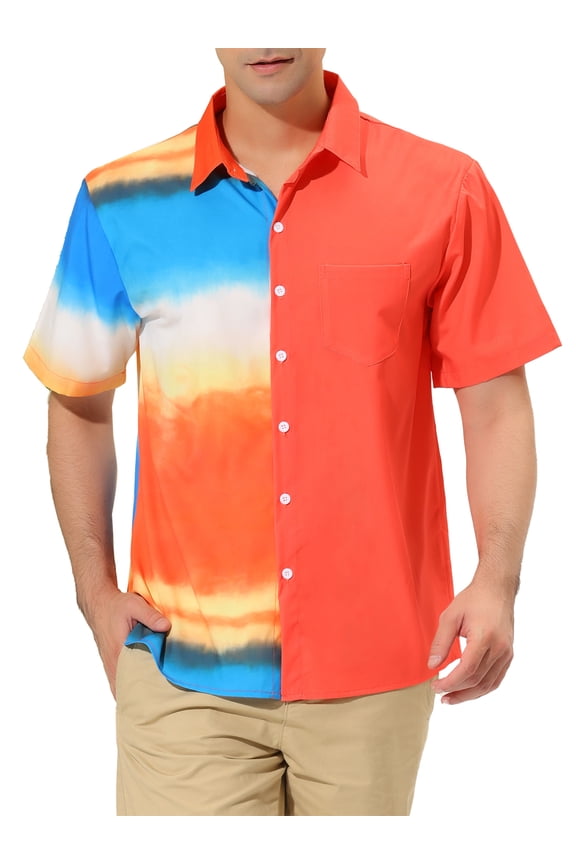 Men's Printed Button Down Short Sleeve Pocket Patchwork Shirts XL Orange