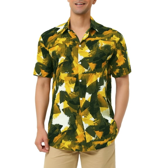 Lars Amadeus Men's Printed Button Down Short Sleeves Hawaiian Color Block Shirts
