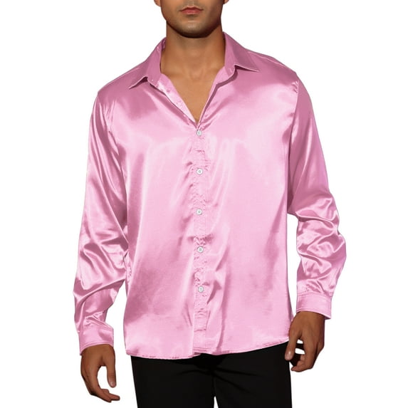 INSPIRE CHIC Men's Prom Satin Long Sleeves Button Down Slim Fit Formal Party Shirts Pink S