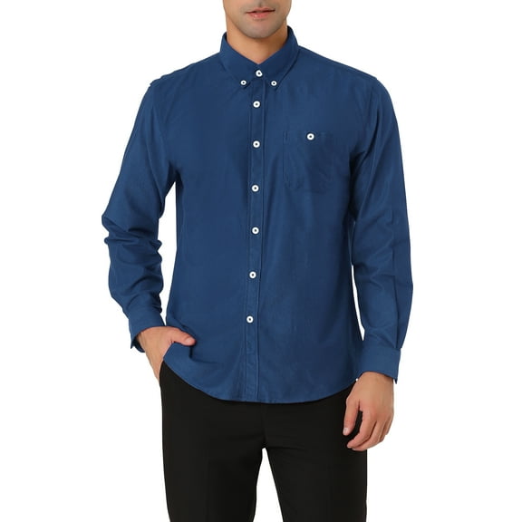 INSPIRE CHIC Men's Regular Fit Long Sleeve Button Down Corduroy Shirts with Pockets Blue S