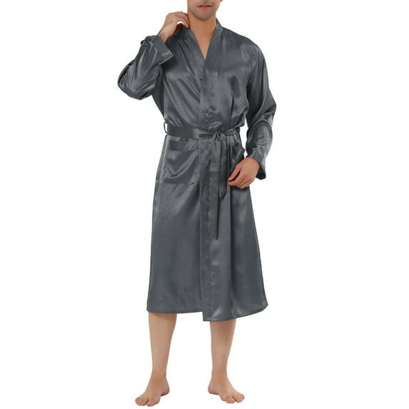 INSPIRE CHIC Men's Nightdress Satin Robe Long Sleeve Tied Sleepwear Bathrobe 2XL Gray