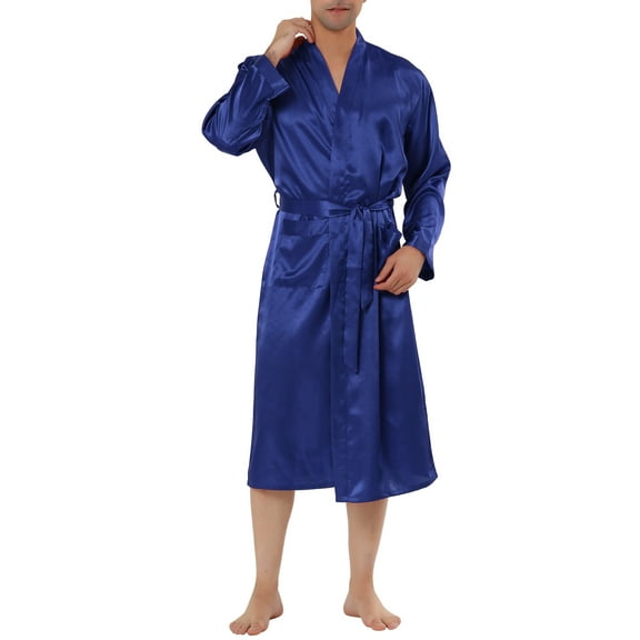 INSPIRE CHIC Men's Nightdress Satin Robe Long Sleeve Tied Sleepwear Bathrobe L Blue