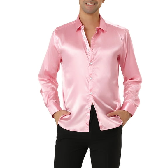 INSPIRE CHIC Men's Satin V Neck Long Sleeve Button Down Slim Fit Dress Shirts M Pink