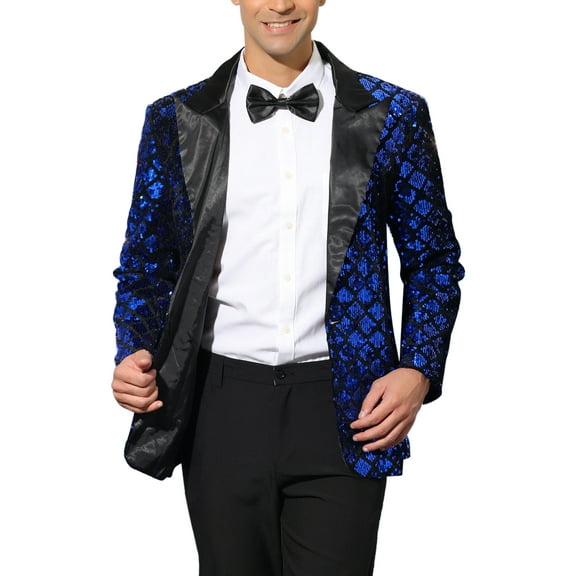 INSPIRE CHIC Men's Blazers Formal Tuxedo Peak Lapel One Button Glitter Argyle Sequin Blazers L Royal Blue