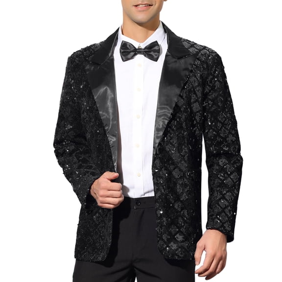 INSPIRE CHIC Men's Blazers Formal Tuxedo Peak Lapel One Button Glitter Argyle Sequin Blazers L Black