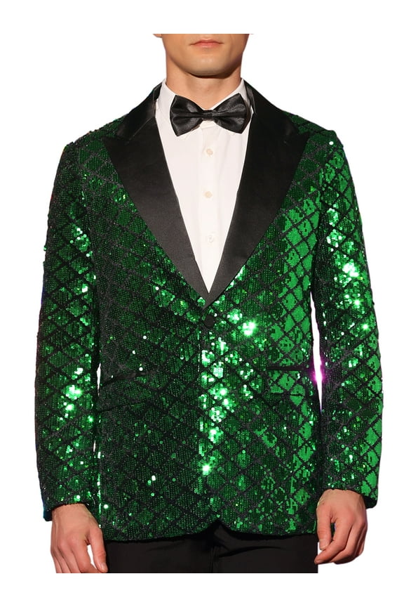 Men's Blazers Formal Tuxedo Peak Lapel One Button Glitter Argyle Sequin Blazers XL Green