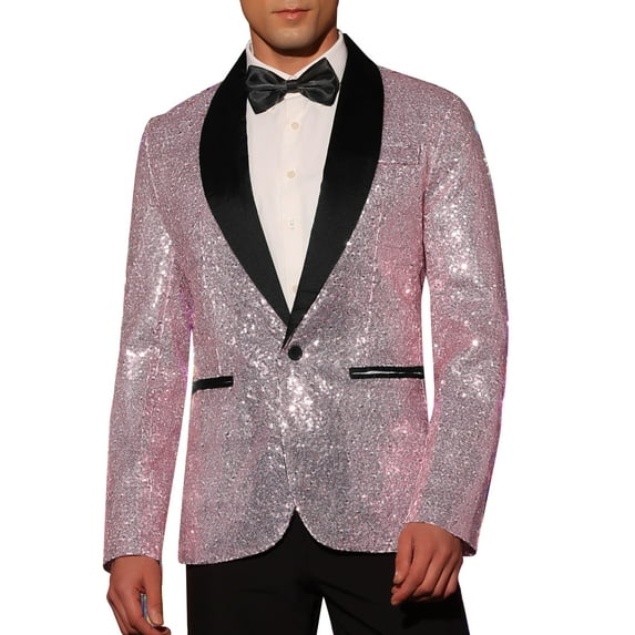 INSPIRE CHIC Men's Sequin Sport Coats Shawl Lapel One Button Wedding Shiny Blazer M Pink