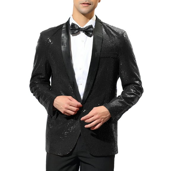 INSPIRE CHIC Men's Sequin Sport Coats Shawl Lapel One Button Wedding Shiny Blazer XL Black