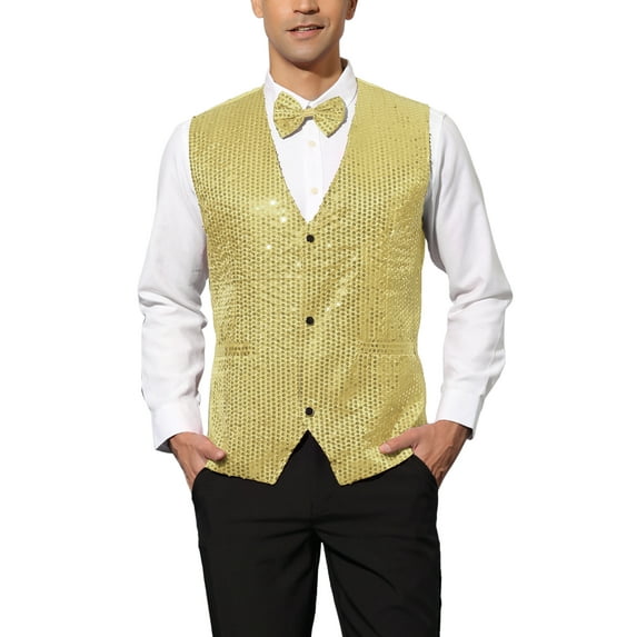 INSPIRE CHIC Men's Sequin Waistcoat Sleeveless Dress Suit Vest with Bow Tie M Golden