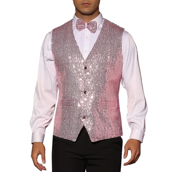 INSPIRE CHIC Men's Sequin Waistcoat Sleeveless Dress Suit Vest with Bow Tie XL Pink