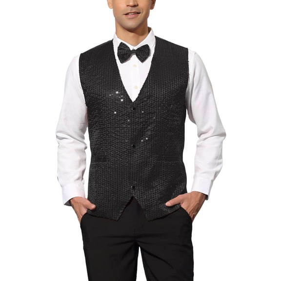 INSPIRE CHIC Men's Sequin Waistcoat Sleeveless Dress Suit Vest with Bow Tie M Black