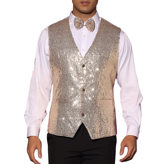 INSPIRE CHIC Men's Sequin Waistcoat Sleeveless Dress Suit Vest with Bow Tie M Champagne