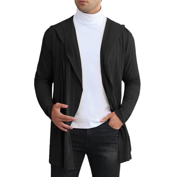 INSPIRE CHIC Men's Shawl Collar Drape Open Front Long Sleeves Hooded Cardigan XL Black