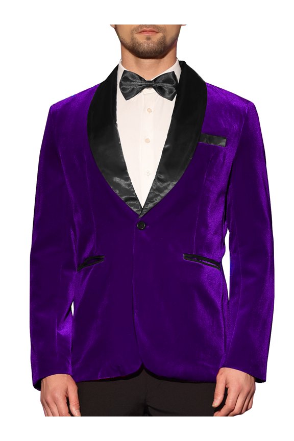 Men's Shawl Lapel Blazer One Button Slim Fit Wedding Velvet Tuxedo Suit Jacket XL Purple