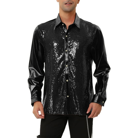 INSPIRE CHIC Men's Shiny Sequins Shirt Long Sleeves Slim Fit Disco Party Shirt