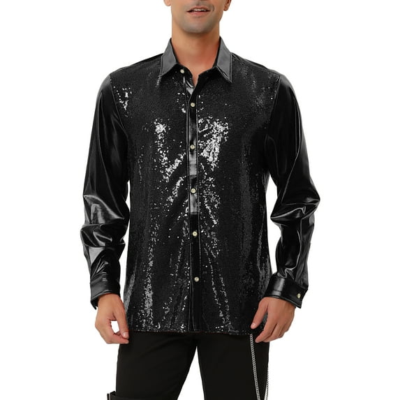 INSPIRE CHIC Men's Shiny Sequins Shirt Long Sleeves Slim Fit Disco Party Shirt
