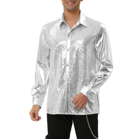 INSPIRE CHIC Men's Shiny Sequins Shirt Long Sleeves Slim Fit Disco Party Shirt
