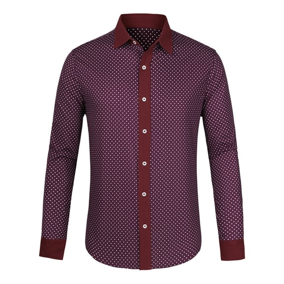 INSPIRE CHIC Men's Shirts Long Sleeves Button Down Polka Dots Cotton Dress Shirts Burgundy Red M
