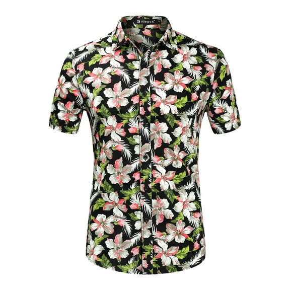 INSPIRE CHIC Men's Shirts Short Sleeve Floral Print Button Up Point Collar Hawaiian Shirt 34 Black Leaf