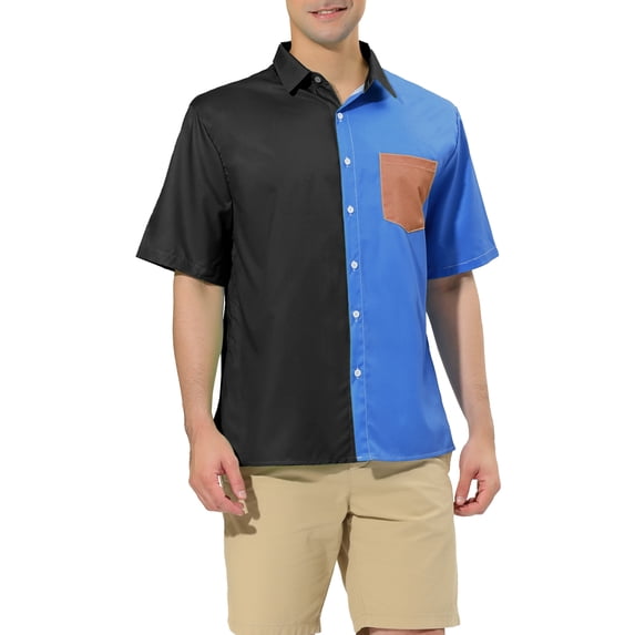 INSPIRE CHIC Men's Shirts Short Sleeve Summer Cotton Patchwork Button Down Shirts L Black Blue