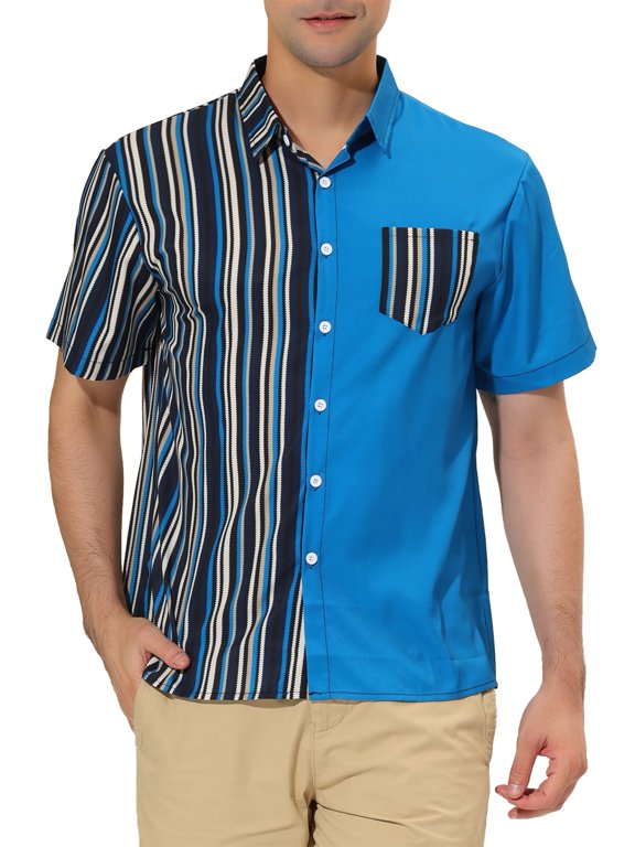 Men's Shirts Short Sleeve Summer Cotton Patchwork Button Down Shirts M Sky Blue